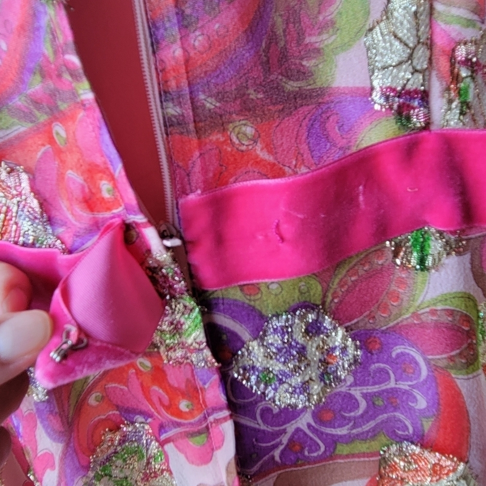 Vintage Handmade Custome Japanese Asian Pink Gold Flowering Long Dress Pink Bow - Picture 5 of 15